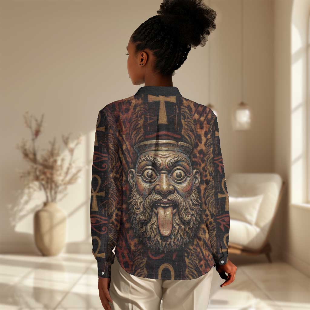 Bes Ancient Egyptian Women Casual Shirt with Leopard Print Ankh and Eye of Horus Egyptian Deity Tribute - African Pride