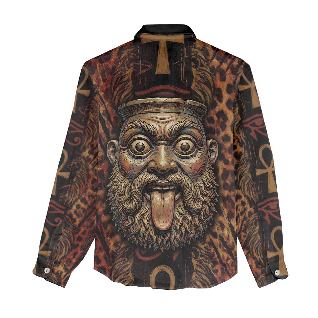 Bes Ancient Egyptian Women Casual Shirt with Leopard Print Ankh and Eye of Horus Egyptian Deity Tribute - African Pride