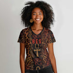Bes Ancient Egyptian Women V-Neck T-Shirt with Leopard Print Ankh and Eye of Horus Egyptian Deity Tribute - African Pride