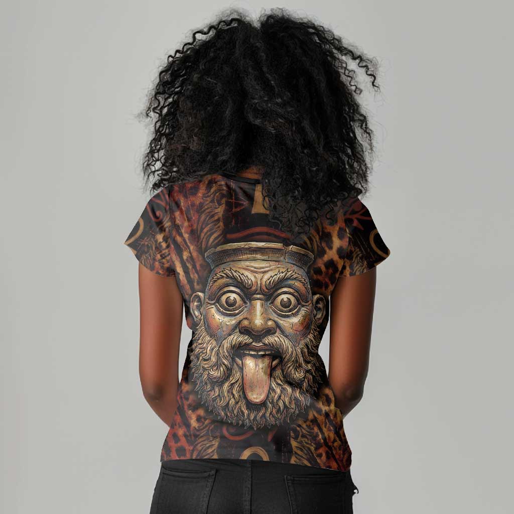 Bes Ancient Egyptian Women V-Neck T-Shirt with Leopard Print Ankh and Eye of Horus Egyptian Deity Tribute - African Pride