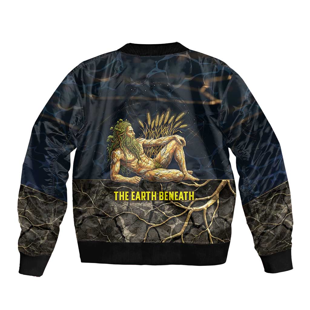 Geb Bomber Jacket Ancient Egyptian Cracked Earth and Wheat Illustration Egyptian Earth God - African Pride