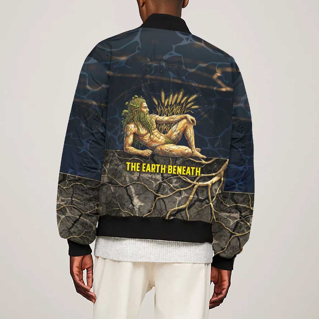 Geb Bomber Jacket Ancient Egyptian Cracked Earth and Wheat Illustration Egyptian Earth God - African Pride
