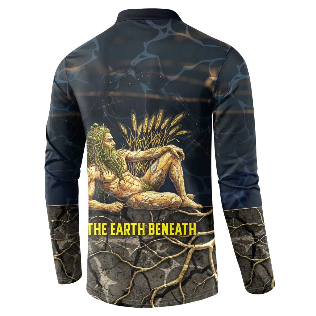 Geb Button Sweatshirt Ancient Egyptian Cracked Earth and Wheat Illustration Egyptian Earth God