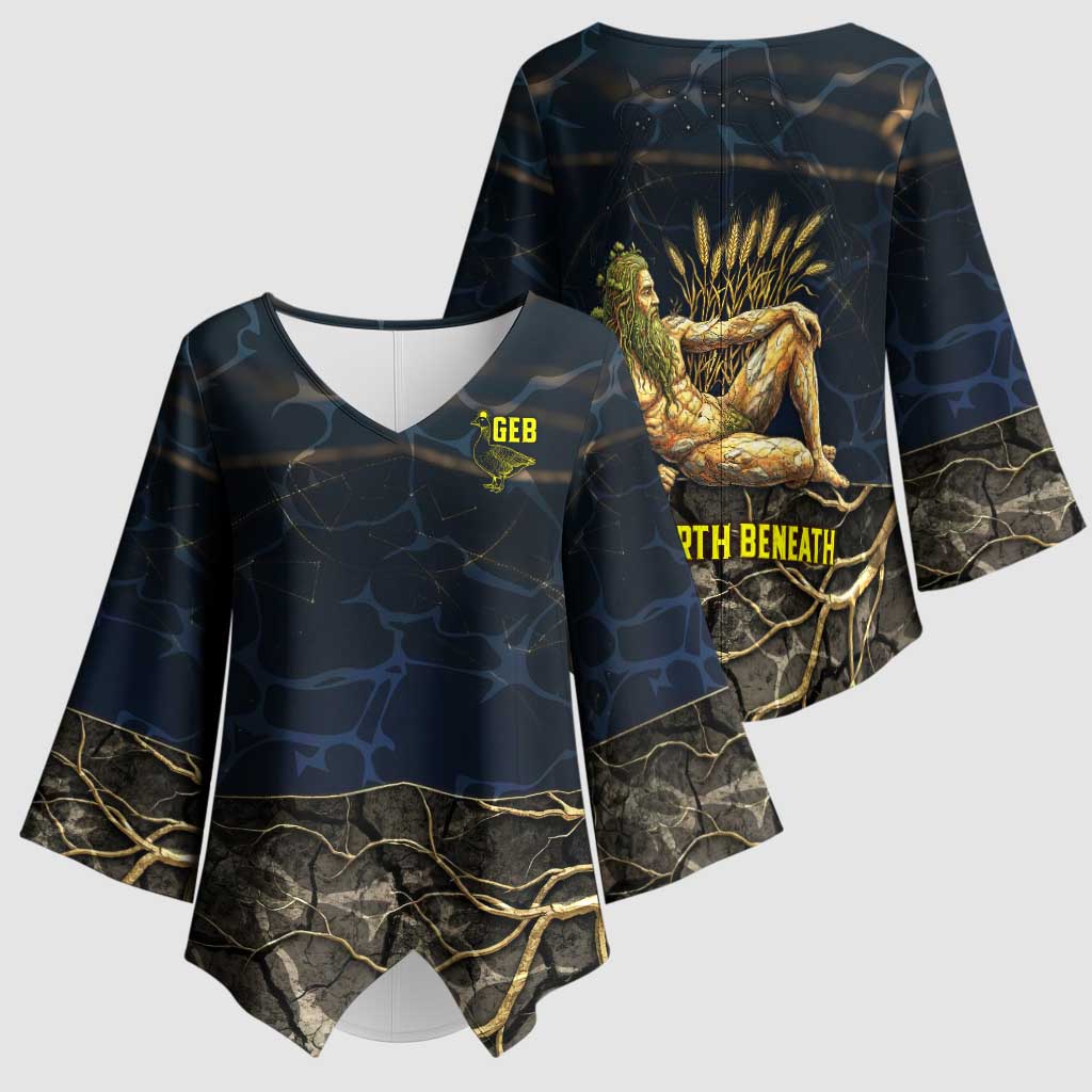 Geb Kimono Sleeve Blouse Ancient Egyptian Cracked Earth and Wheat Illustration Egyptian Earth God - African Pride
