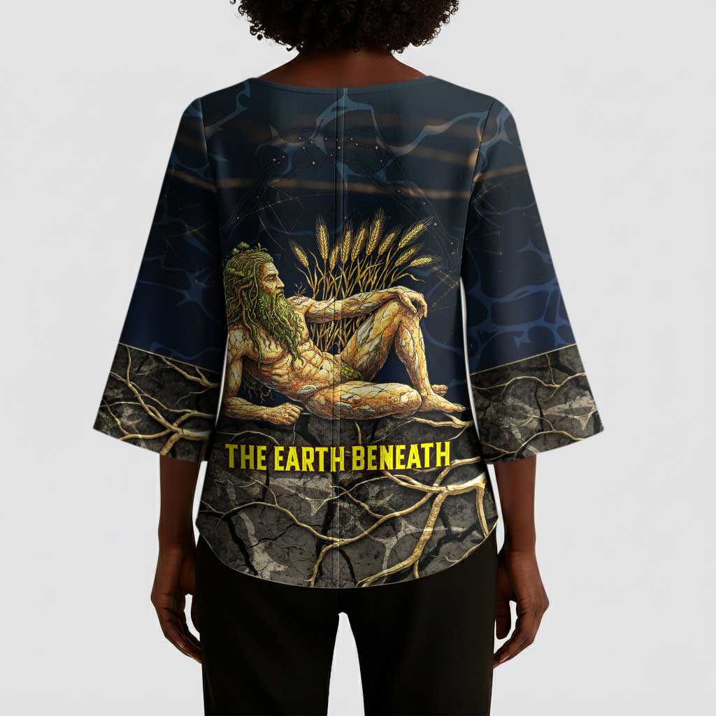 Geb Kimono Sleeve Blouse Ancient Egyptian Cracked Earth and Wheat Illustration Egyptian Earth God - African Pride