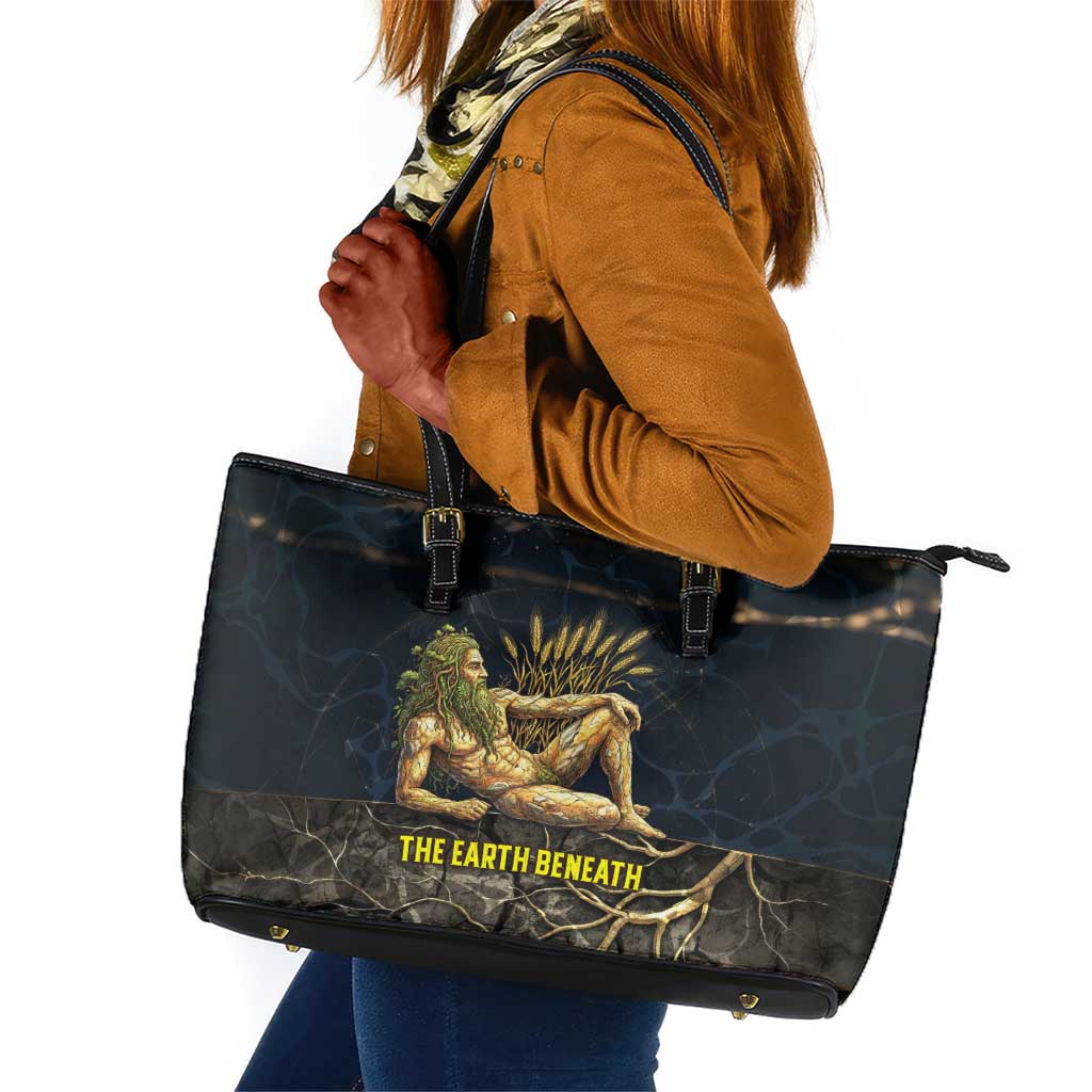 Geb Leather Tote Bag Ancient Egyptian Cracked Earth and Wheat Illustration Egyptian Earth God - African Pride