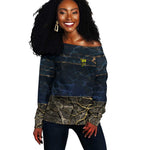 Geb Off Shoulder Sweater Ancient Egyptian Cracked Earth and Wheat Illustration Egyptian Earth God - African Pride