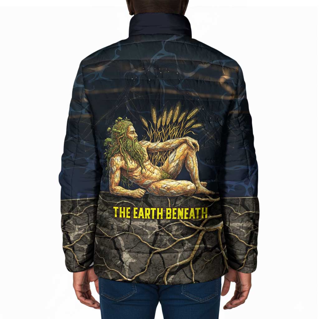 Geb Padded Jacket Ancient Egyptian Cracked Earth and Wheat Illustration Egyptian Earth God - African Pride
