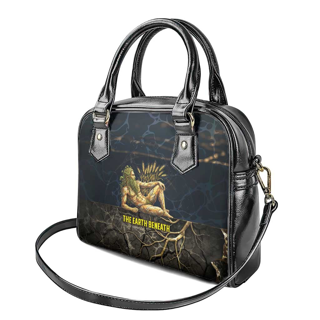 Geb Shoulder Handbag Ancient Egyptian Cracked Earth and Wheat Illustration Egyptian Earth God - African Pride