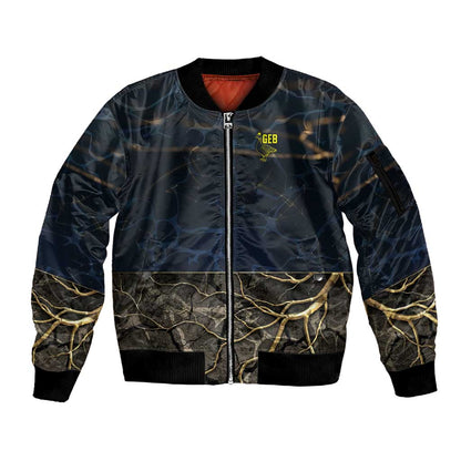 Geb Sleeve Zip Bomber Jacket Ancient Egyptian Cracked Earth and Wheat Illustration Egyptian Earth God - African Pride