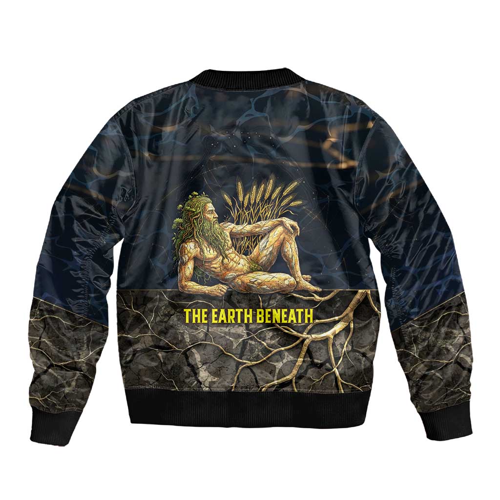 Geb Sleeve Zip Bomber Jacket Ancient Egyptian Cracked Earth and Wheat Illustration Egyptian Earth God - African Pride