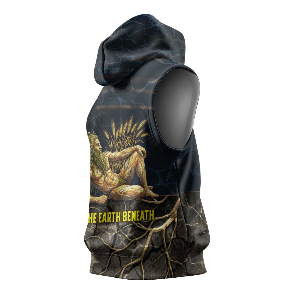 Geb Sleeveless Hoodie Ancient Egyptian Cracked Earth and Wheat Illustration Egyptian Earth God - African Pride