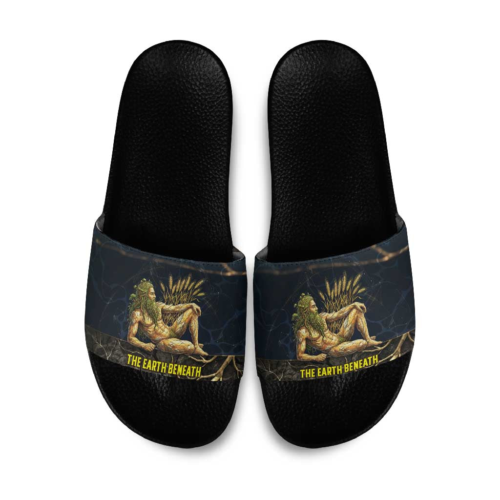 Geb Slide Sandals Ancient Egyptian Cracked Earth and Wheat Illustration Egyptian Earth God - African Pride