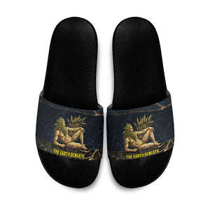 Geb Slide Sandals Ancient Egyptian Cracked Earth and Wheat Illustration Egyptian Earth God - African Pride