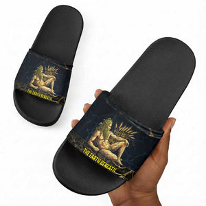 Geb Slide Sandals Ancient Egyptian Cracked Earth and Wheat Illustration Egyptian Earth God - African Pride