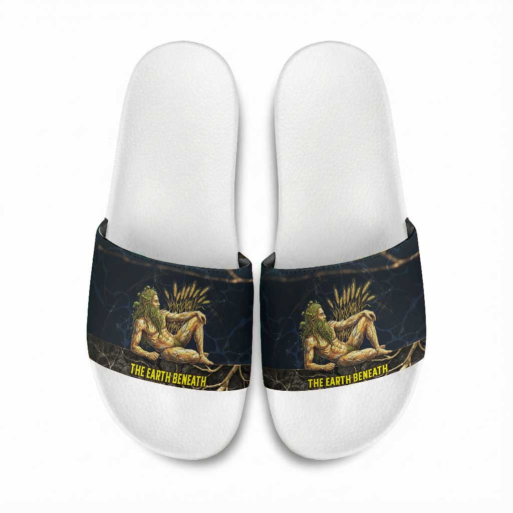 Geb Slide Sandals Ancient Egyptian Cracked Earth and Wheat Illustration Egyptian Earth God - African Pride