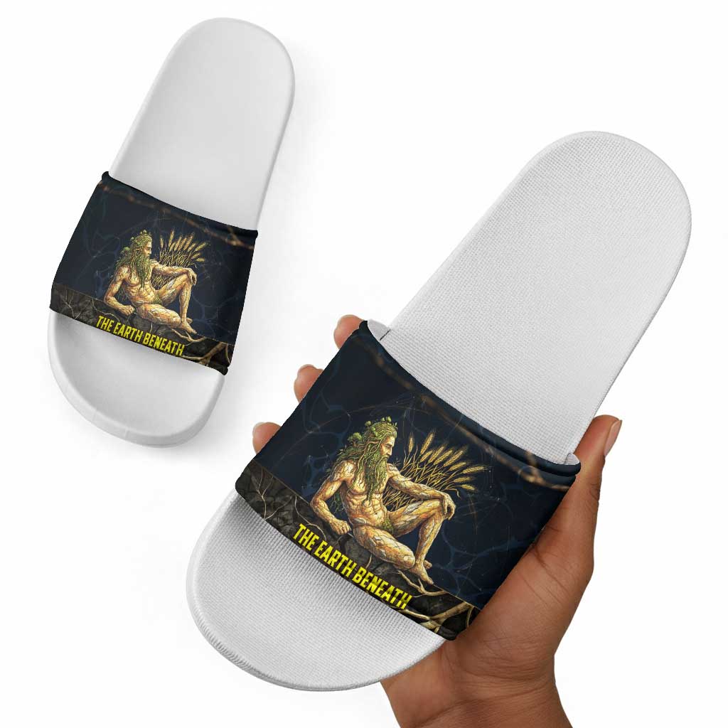 Geb Slide Sandals Ancient Egyptian Cracked Earth and Wheat Illustration Egyptian Earth God - African Pride