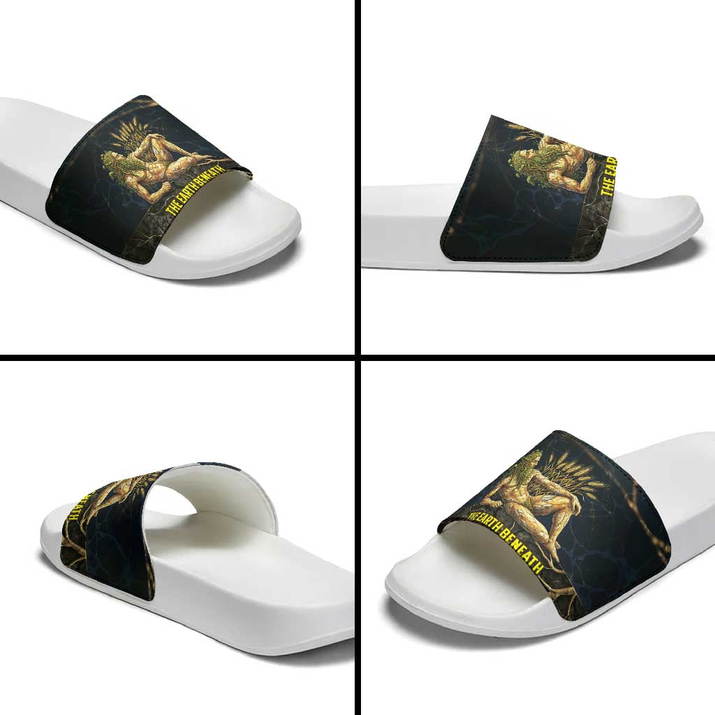 Geb Slide Sandals Ancient Egyptian Cracked Earth and Wheat Illustration Egyptian Earth God - African Pride