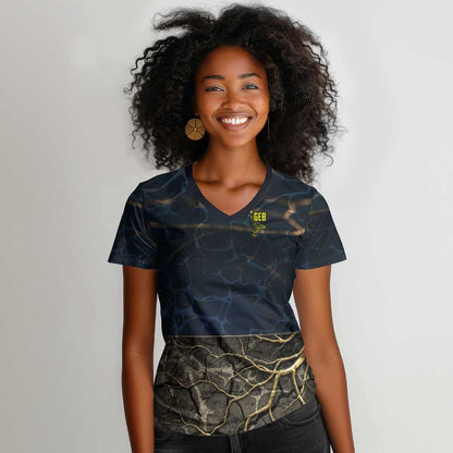 Geb Women V-Neck T-Shirt Ancient Egyptian Cracked Earth and Wheat Illustration Egyptian Earth God - African Pride