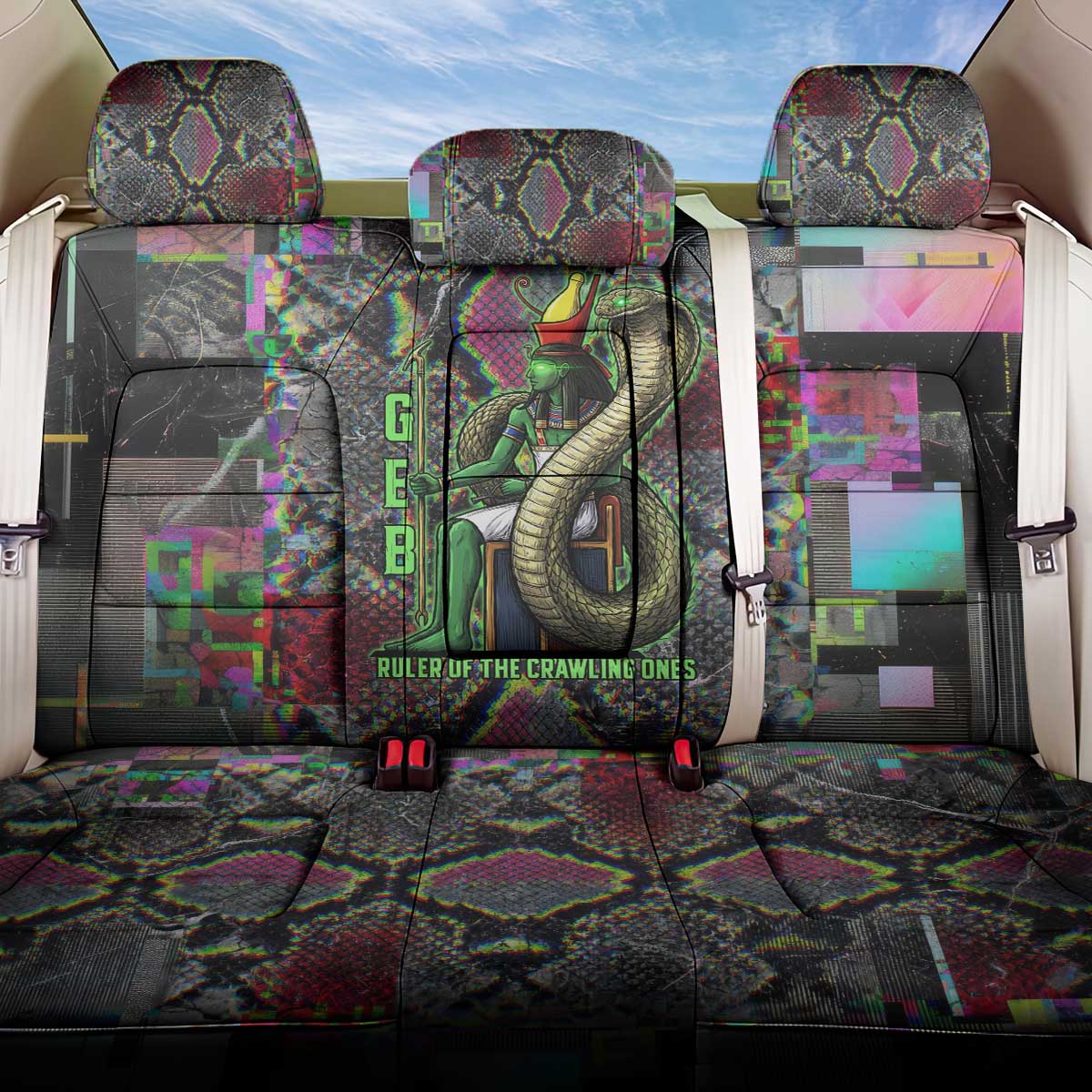 Geb Ancient Egyptian Back Car Seat Cover with Serpent Throne and Snake Skin Texture Egyptian Earth God Tribute - African Pride