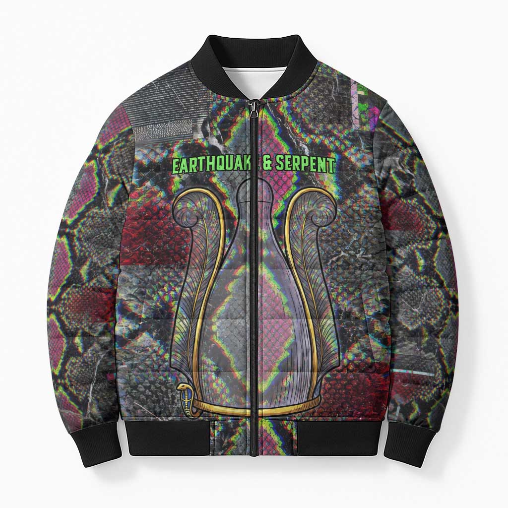 Geb Ancient Egyptian Bomber Puffer Jacket with Serpent Throne and Snake Skin Texture Egyptian Earth God Tribute - African Pride