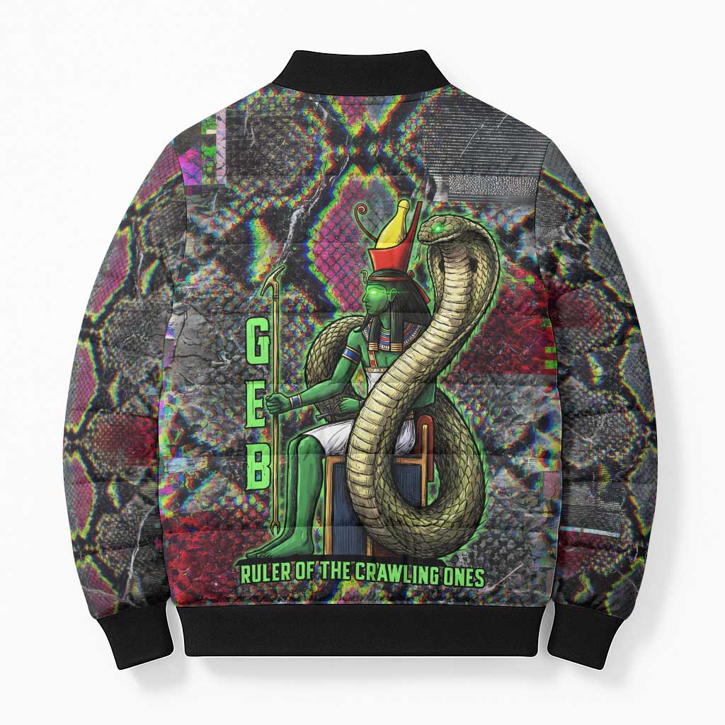 Geb Ancient Egyptian Bomber Puffer Jacket with Serpent Throne and Snake Skin Texture Egyptian Earth God Tribute - African Pride