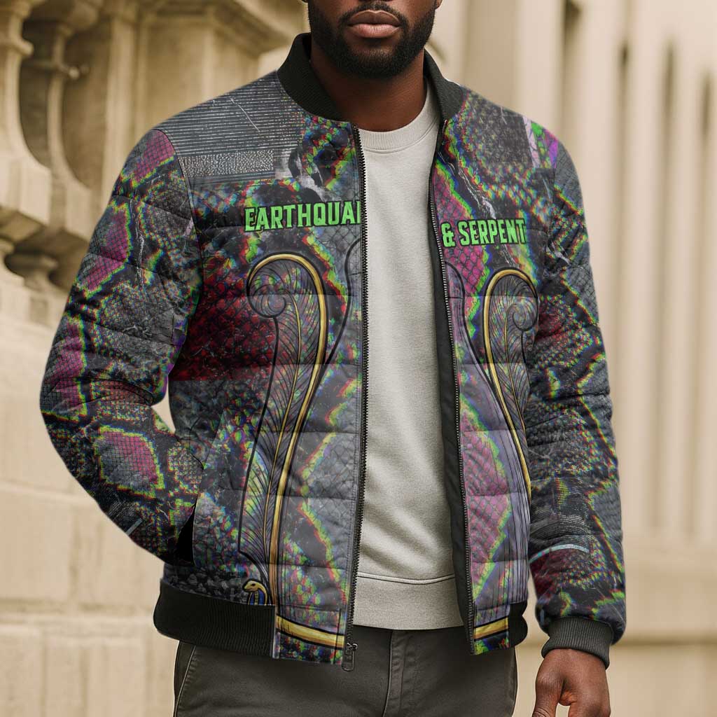 Geb Ancient Egyptian Bomber Puffer Jacket with Serpent Throne and Snake Skin Texture Egyptian Earth God Tribute - African Pride