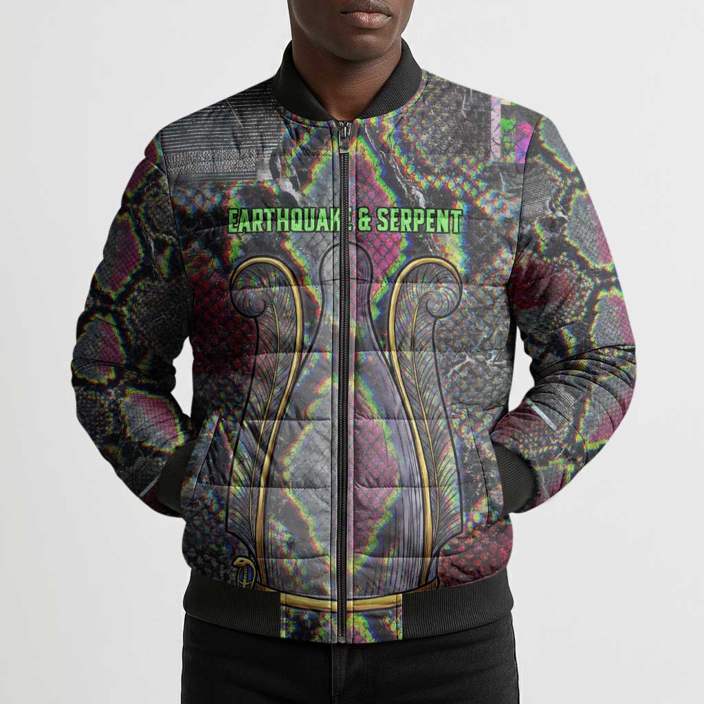 Geb Ancient Egyptian Bomber Puffer Jacket with Serpent Throne and Snake Skin Texture Egyptian Earth God Tribute - African Pride