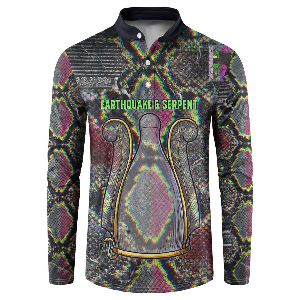 Geb Ancient Egyptian Button Sweatshirt with Serpent Throne and Snake Skin Texture Egyptian Earth God Tribute