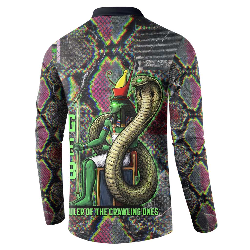 Geb Ancient Egyptian Button Sweatshirt with Serpent Throne and Snake Skin Texture Egyptian Earth God Tribute