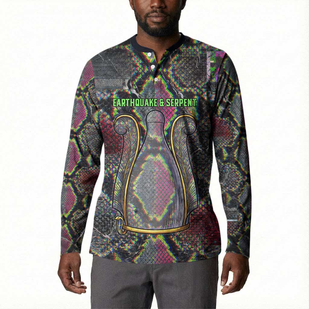 Geb Ancient Egyptian Button Sweatshirt with Serpent Throne and Snake Skin Texture Egyptian Earth God Tribute