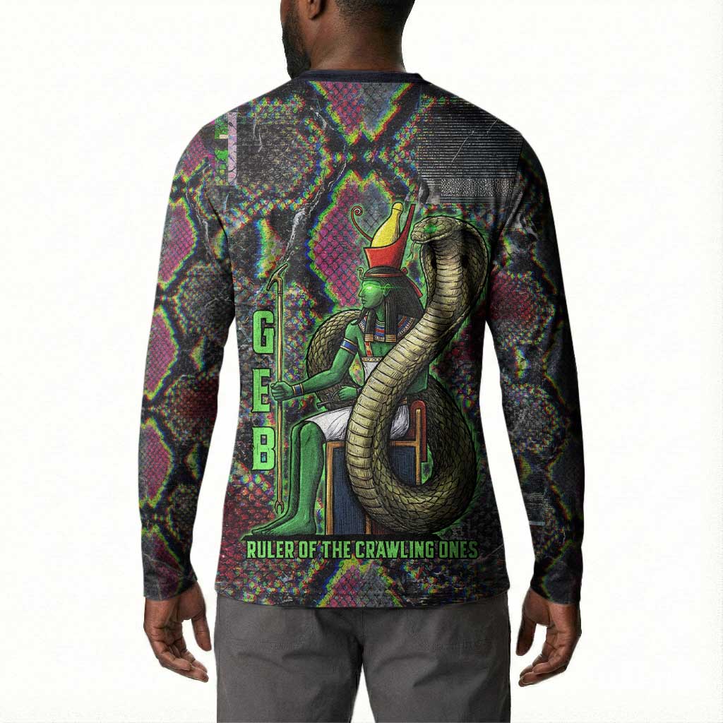 Geb Ancient Egyptian Button Sweatshirt with Serpent Throne and Snake Skin Texture Egyptian Earth God Tribute