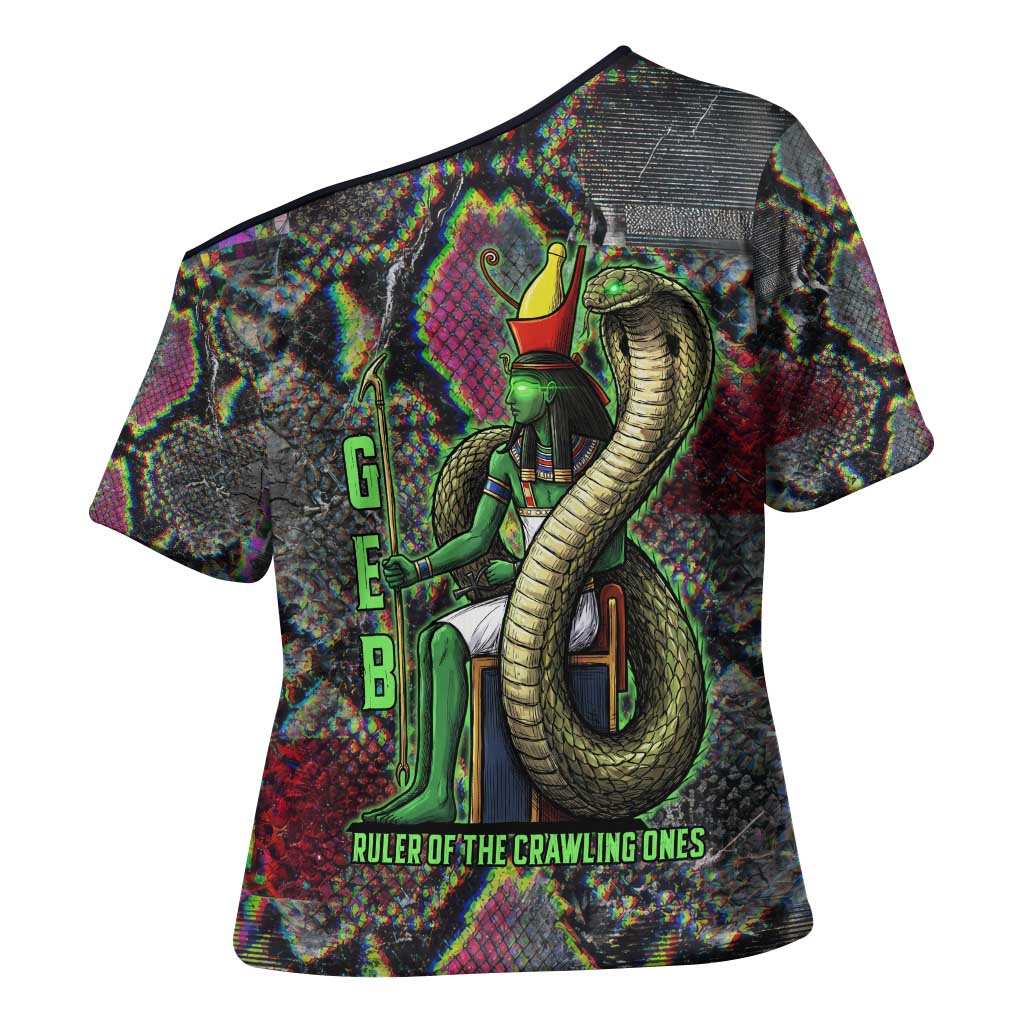 Geb Ancient Egyptian Cross Shoulder Shirt with Serpent Throne and Snake Skin Texture Egyptian Earth God Tribute - African Pride
