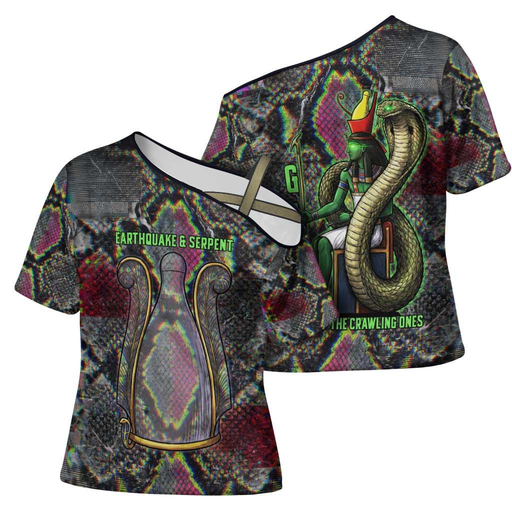 Geb Ancient Egyptian Cross Shoulder Shirt with Serpent Throne and Snake Skin Texture Egyptian Earth God Tribute - African Pride
