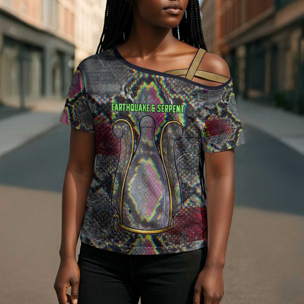 Geb Ancient Egyptian Cross Shoulder Shirt with Serpent Throne and Snake Skin Texture Egyptian Earth God Tribute - African Pride