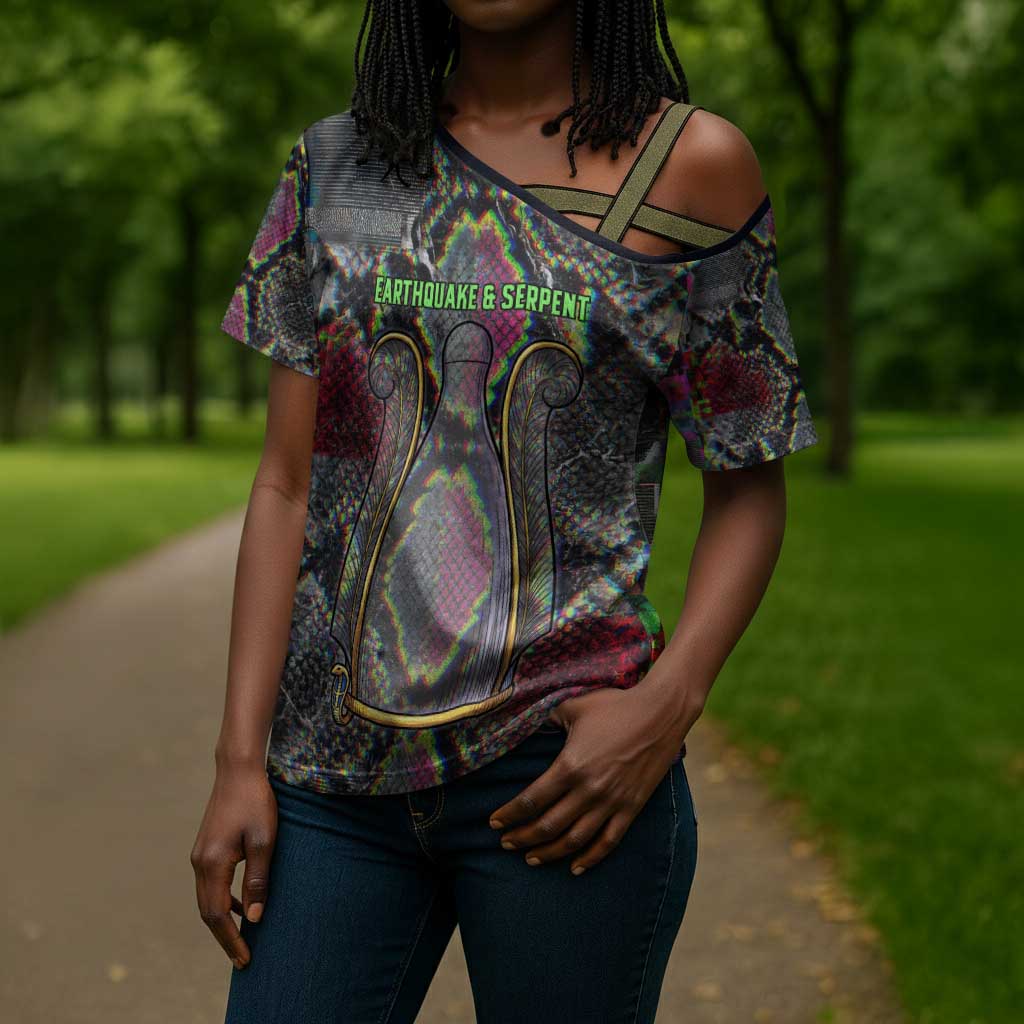 Geb Ancient Egyptian Cross Shoulder Shirt with Serpent Throne and Snake Skin Texture Egyptian Earth God Tribute - African Pride