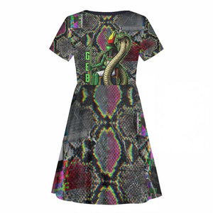 Geb Ancient Egyptian Kid Short Sleeve Dress with Serpent Throne and Snake Skin Texture Egyptian Earth God Tribute - African Pride