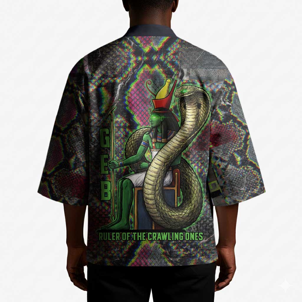 Geb Ancient Egyptian Kimono with Serpent Throne and Snake Skin Texture Egyptian Earth God Tribute - African Pride