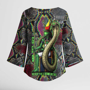 Geb Ancient Egyptian Kimono Sleeve Blouse with Serpent Throne and Snake Skin Texture Egyptian Earth God Tribute - African Pride