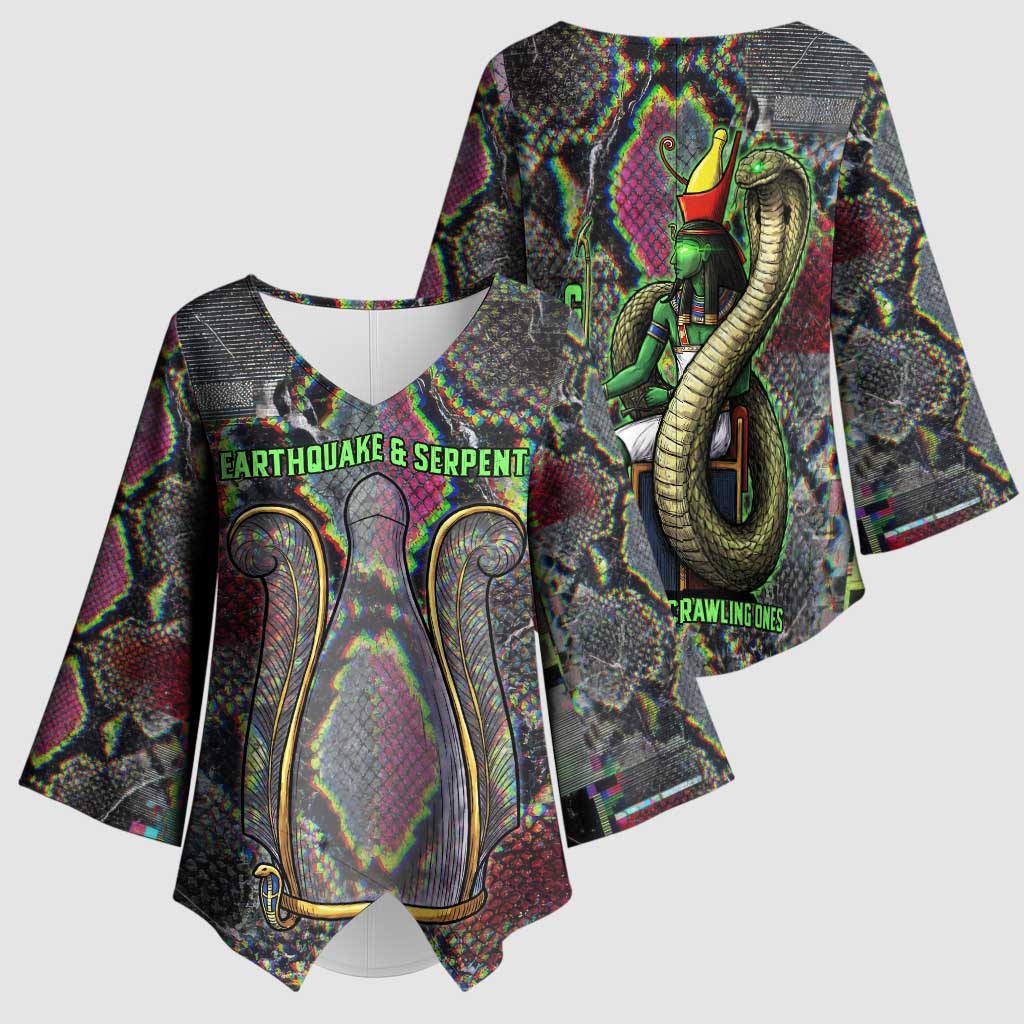Geb Ancient Egyptian Kimono Sleeve Blouse with Serpent Throne and Snake Skin Texture Egyptian Earth God Tribute - African Pride