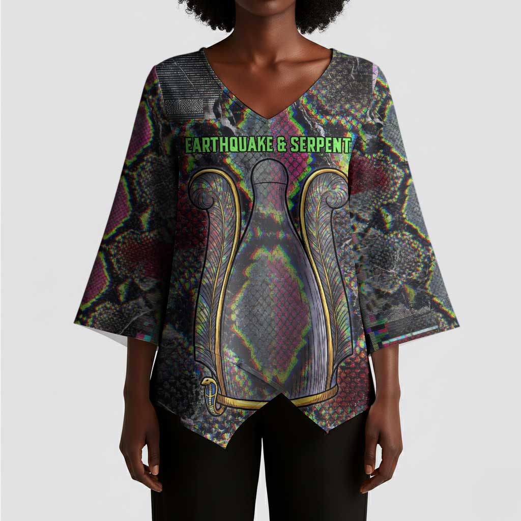 Geb Ancient Egyptian Kimono Sleeve Blouse with Serpent Throne and Snake Skin Texture Egyptian Earth God Tribute - African Pride