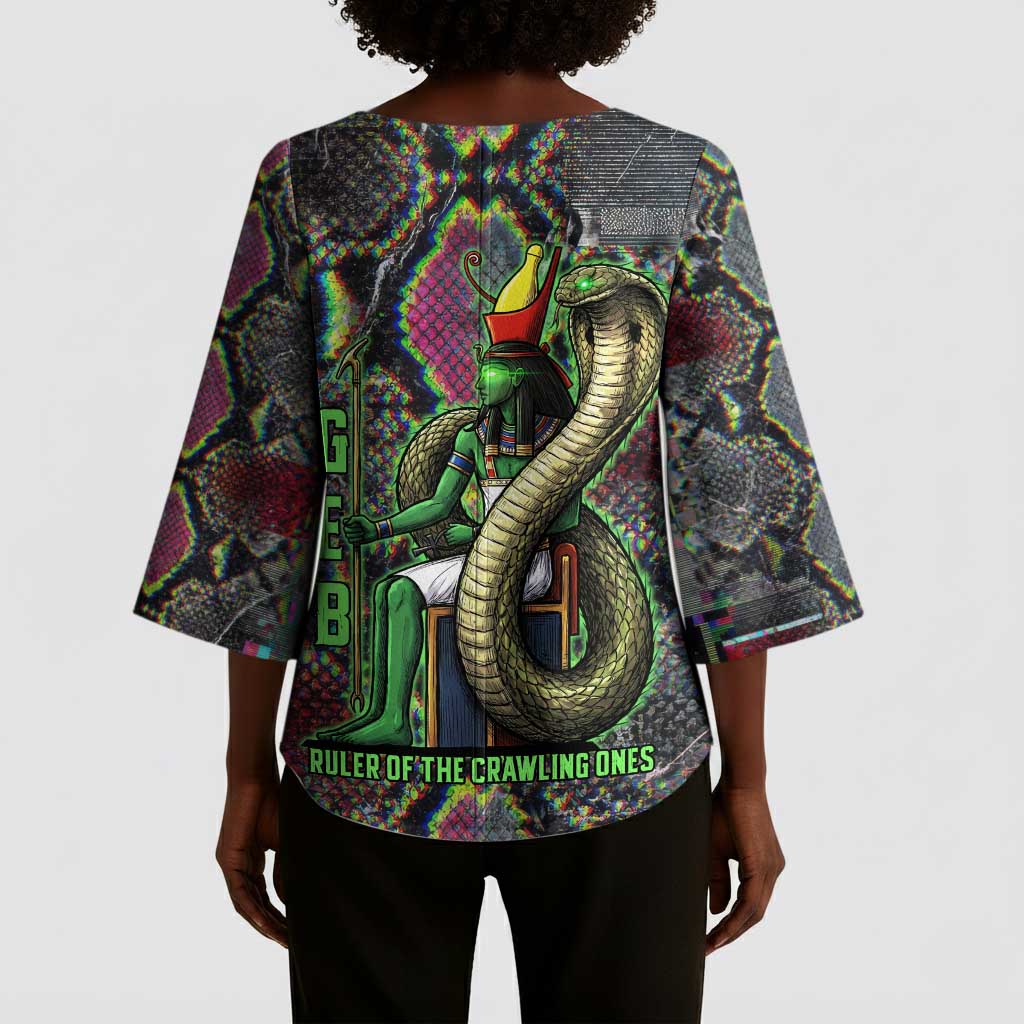 Geb Ancient Egyptian Kimono Sleeve Blouse with Serpent Throne and Snake Skin Texture Egyptian Earth God Tribute - African Pride