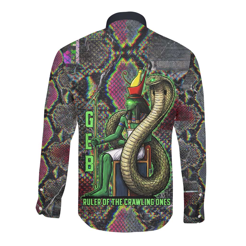 Geb Ancient Egyptian Long Sleeve Button Shirt with Serpent Throne and Snake Skin Texture Egyptian Earth God Tribute - African Pride