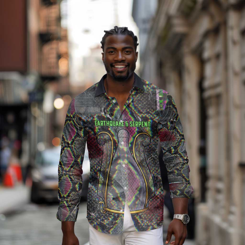Geb Ancient Egyptian Long Sleeve Button Shirt with Serpent Throne and Snake Skin Texture Egyptian Earth God Tribute - African Pride