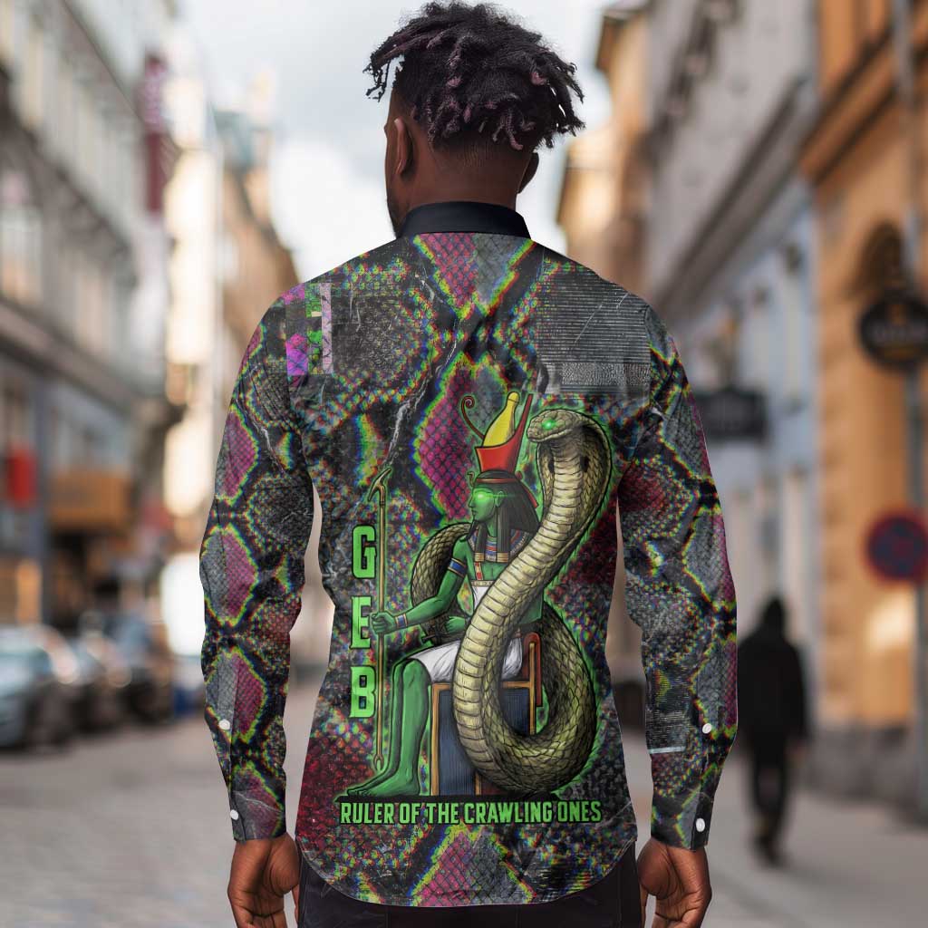 Geb Ancient Egyptian Long Sleeve Button Shirt with Serpent Throne and Snake Skin Texture Egyptian Earth God Tribute - African Pride