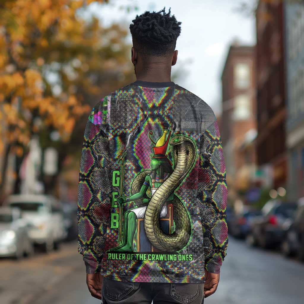 Geb Ancient Egyptian Long Sleeve Shirt with Serpent Throne and Snake Skin Texture Egyptian Earth God Tribute - African Pride