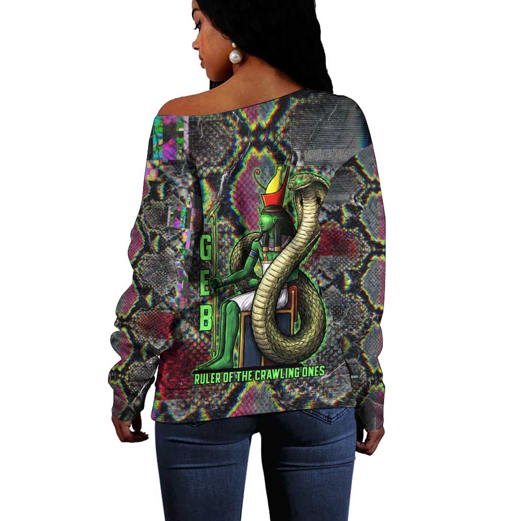 Geb Ancient Egyptian Off Shoulder Sweater with Serpent Throne and Snake Skin Texture Egyptian Earth God Tribute - African Pride
