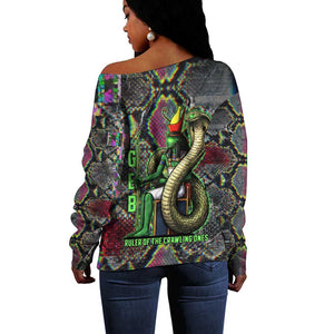 Geb Ancient Egyptian Off Shoulder Sweater with Serpent Throne and Snake Skin Texture Egyptian Earth God Tribute - African Pride