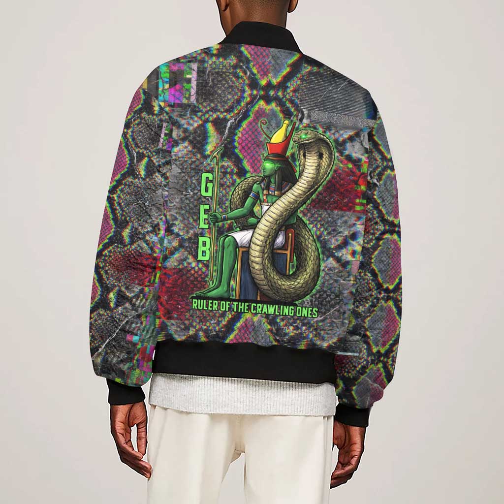 Geb Ancient Egyptian Sleeve Zip Bomber Jacket with Serpent Throne and Snake Skin Texture Egyptian Earth God Tribute - African Pride