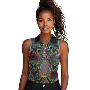 Geb Ancient Egyptian Women Sleeveless Polo Shirt with Serpent Throne and Snake Skin Texture Egyptian Earth God Tribute - African Pride